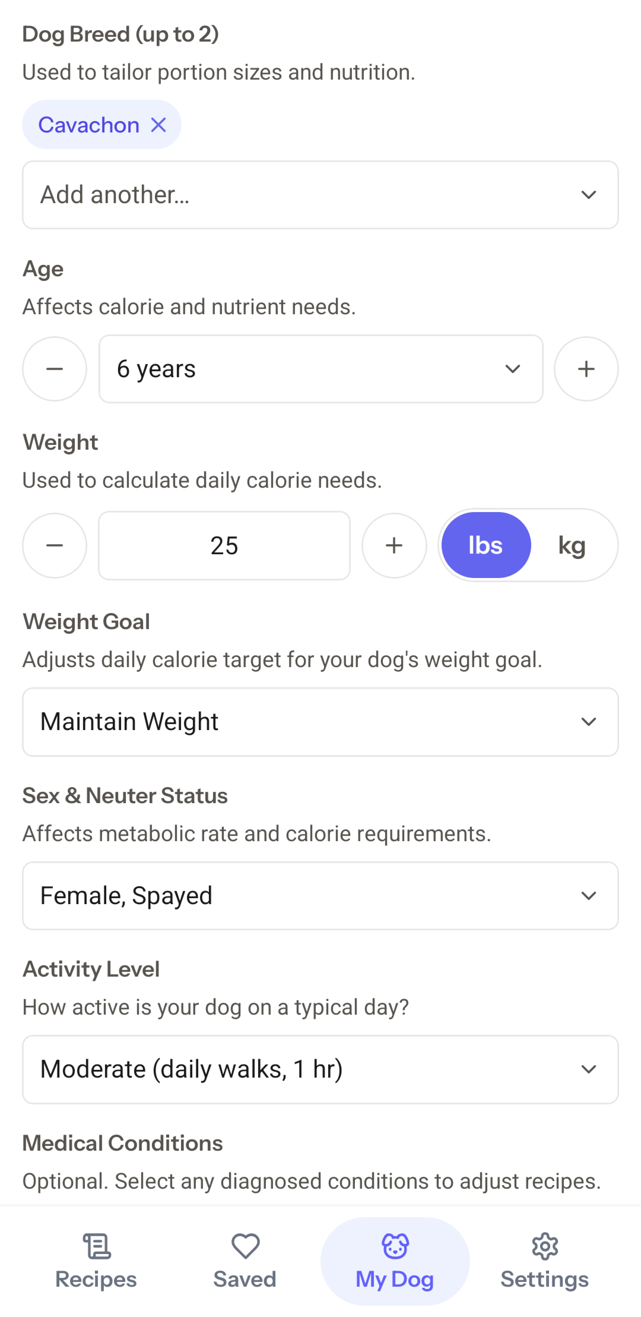 K9 Cookbook dog profile setup screen