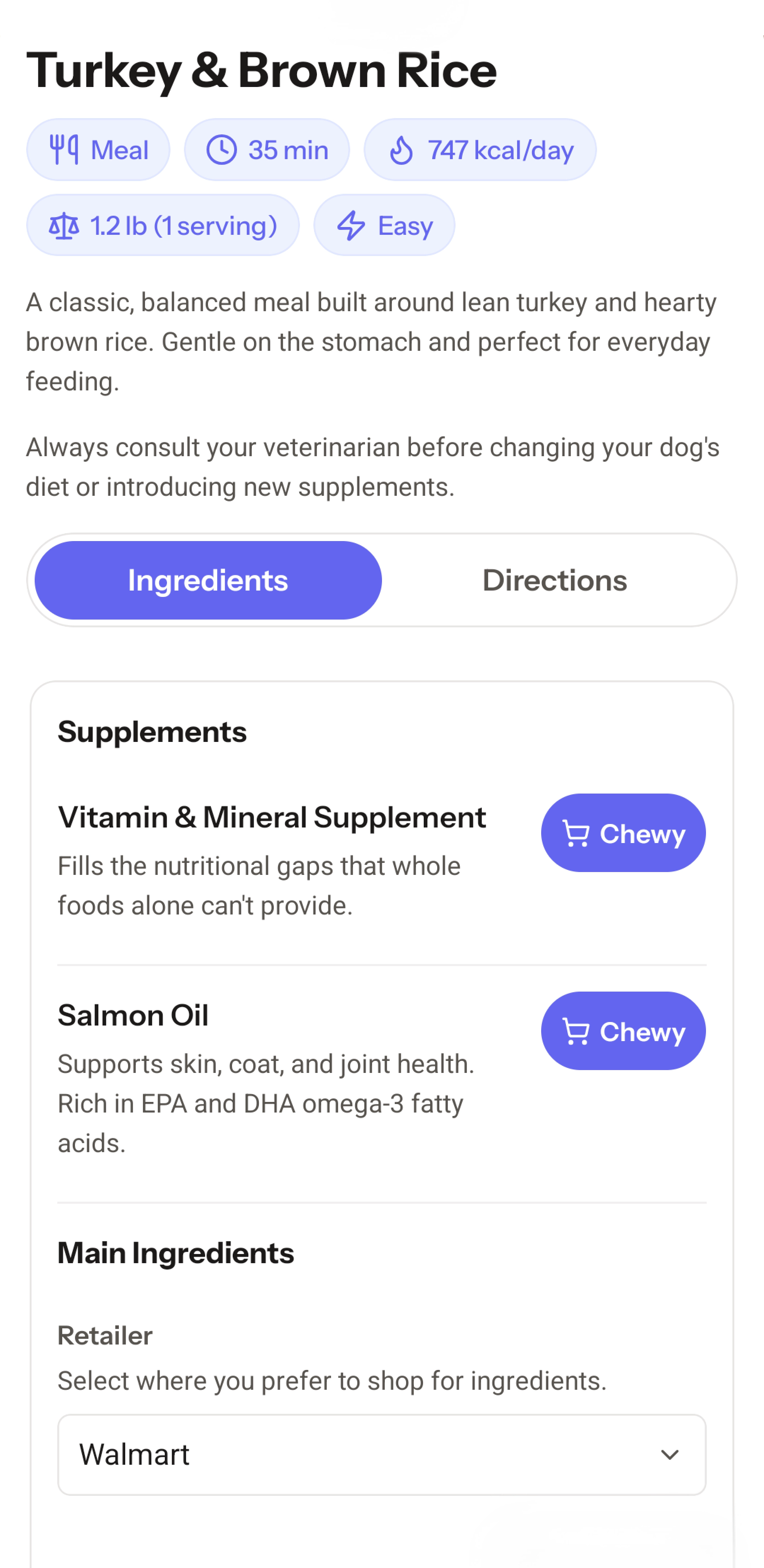 K9 Cookbook ingredient list showing exact portion amounts and retailer shopping buttons