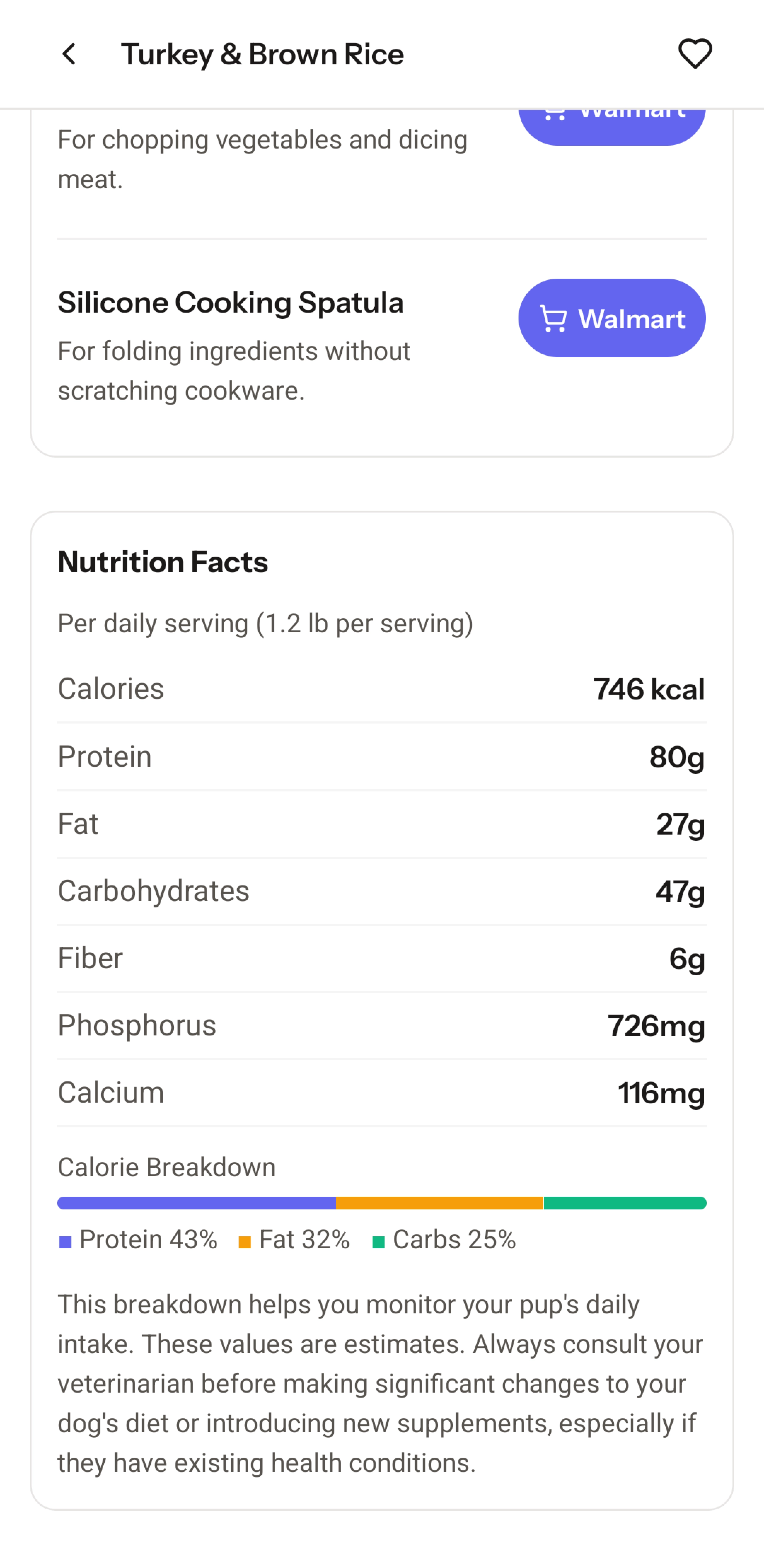 K9 Cookbook nutrition facts panel showing macros and calorie breakdown for Turkey and Brown Rice