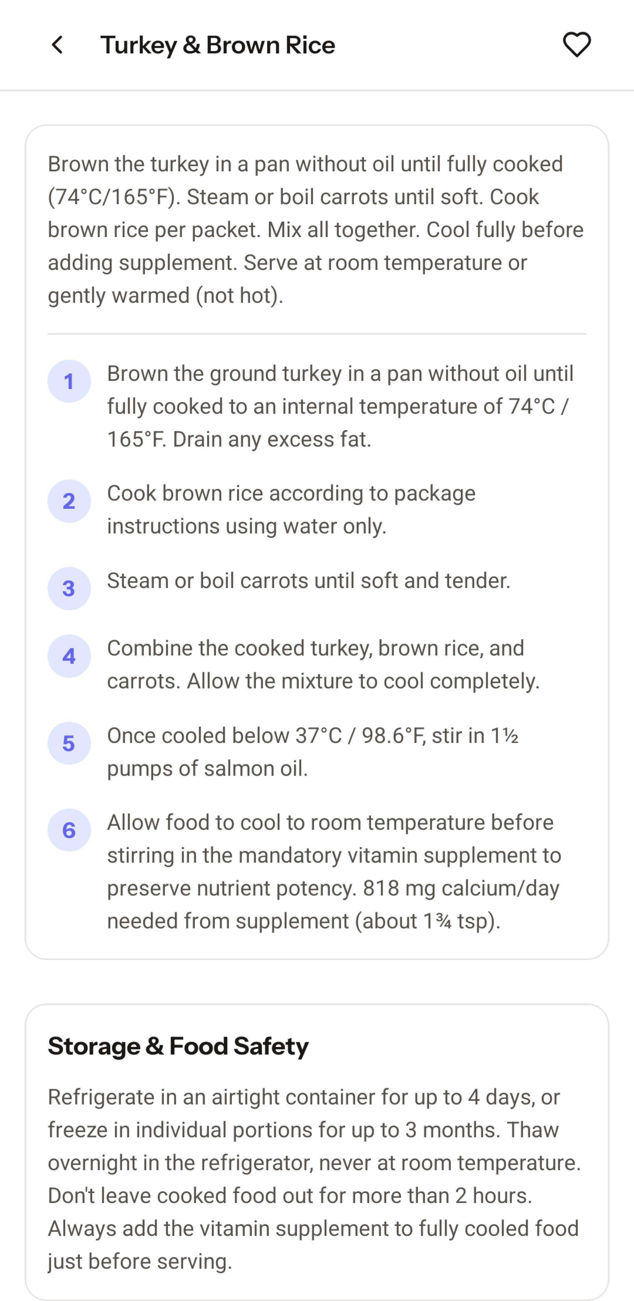 K9 Cookbook showing storage instructions and supplement guidance for a recipe