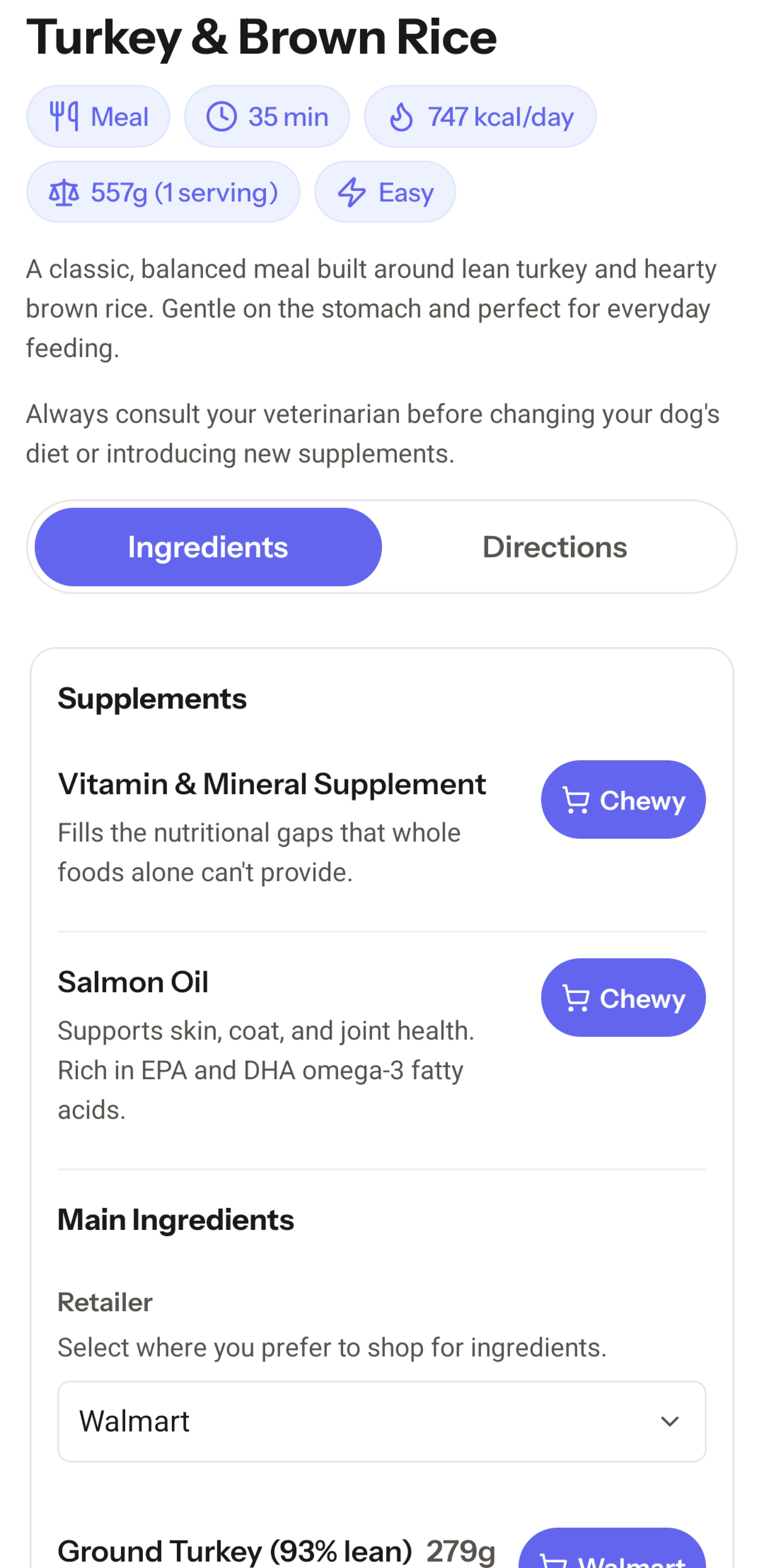 K9 Cookbook ingredient list showing gram measurements and Instacart shopping buttons