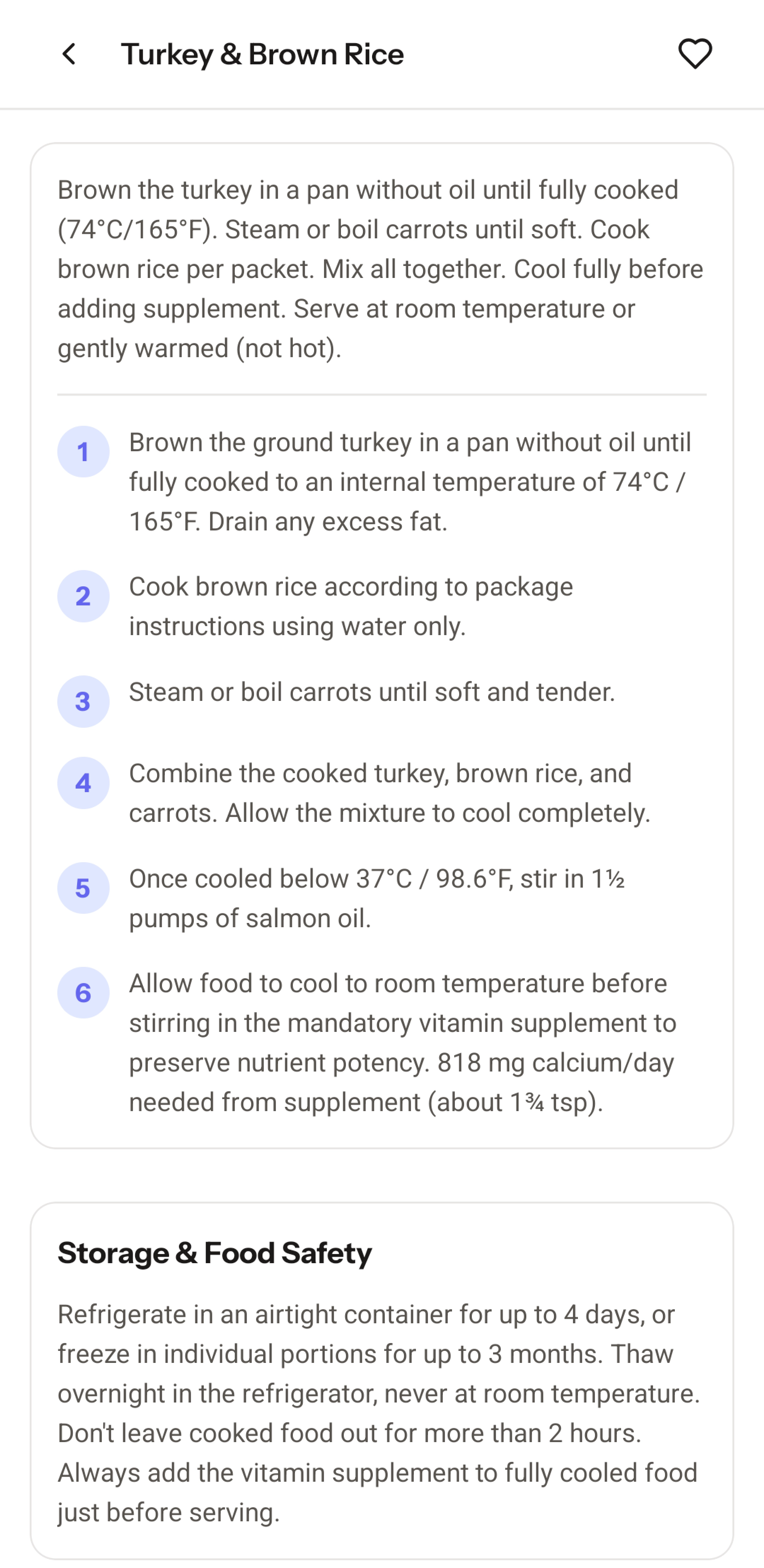 K9 Cookbook showing storage instructions and supplement guidance for a recipe