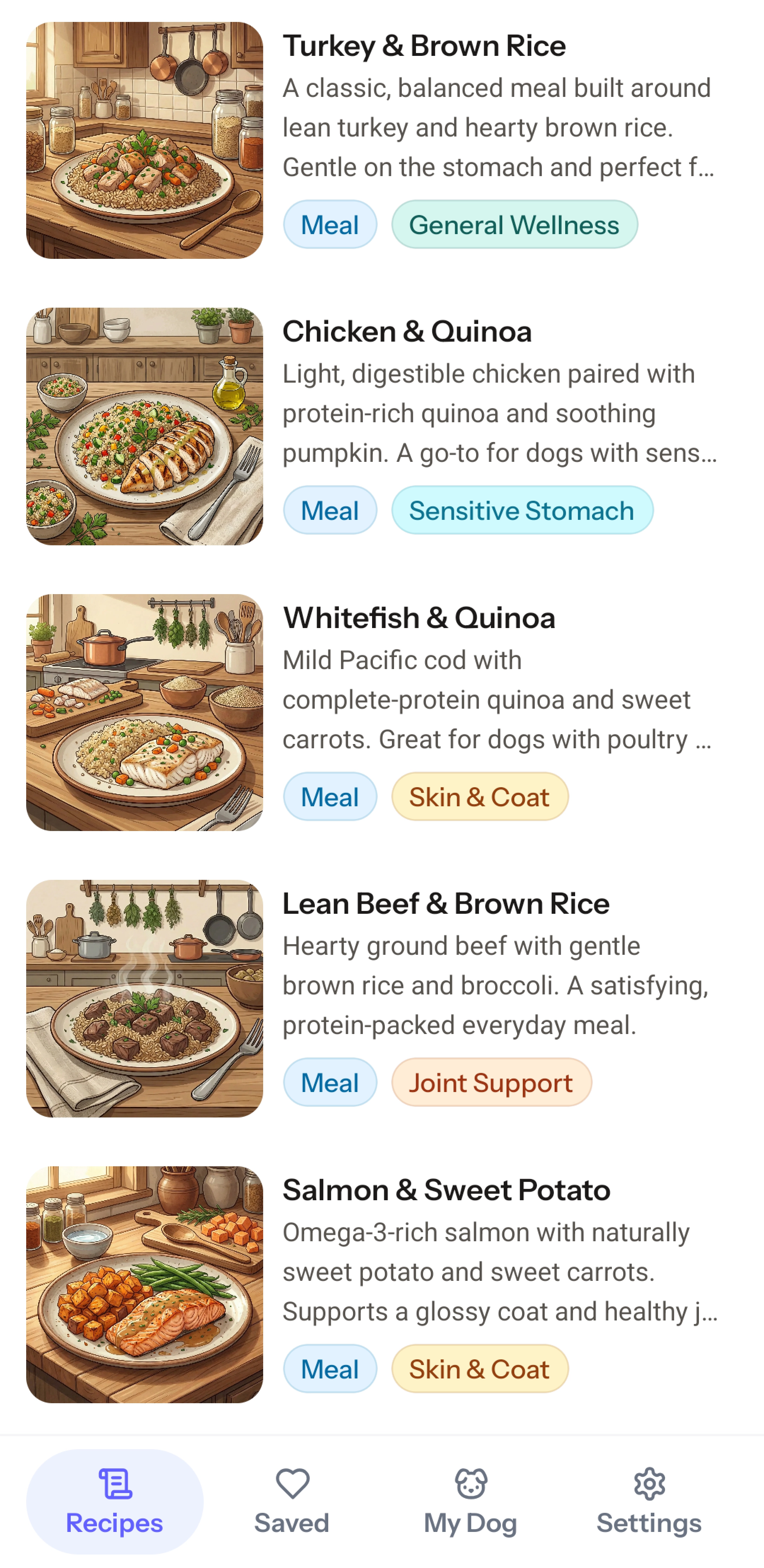 K9 Cookbook recipe browser showing meals and treats