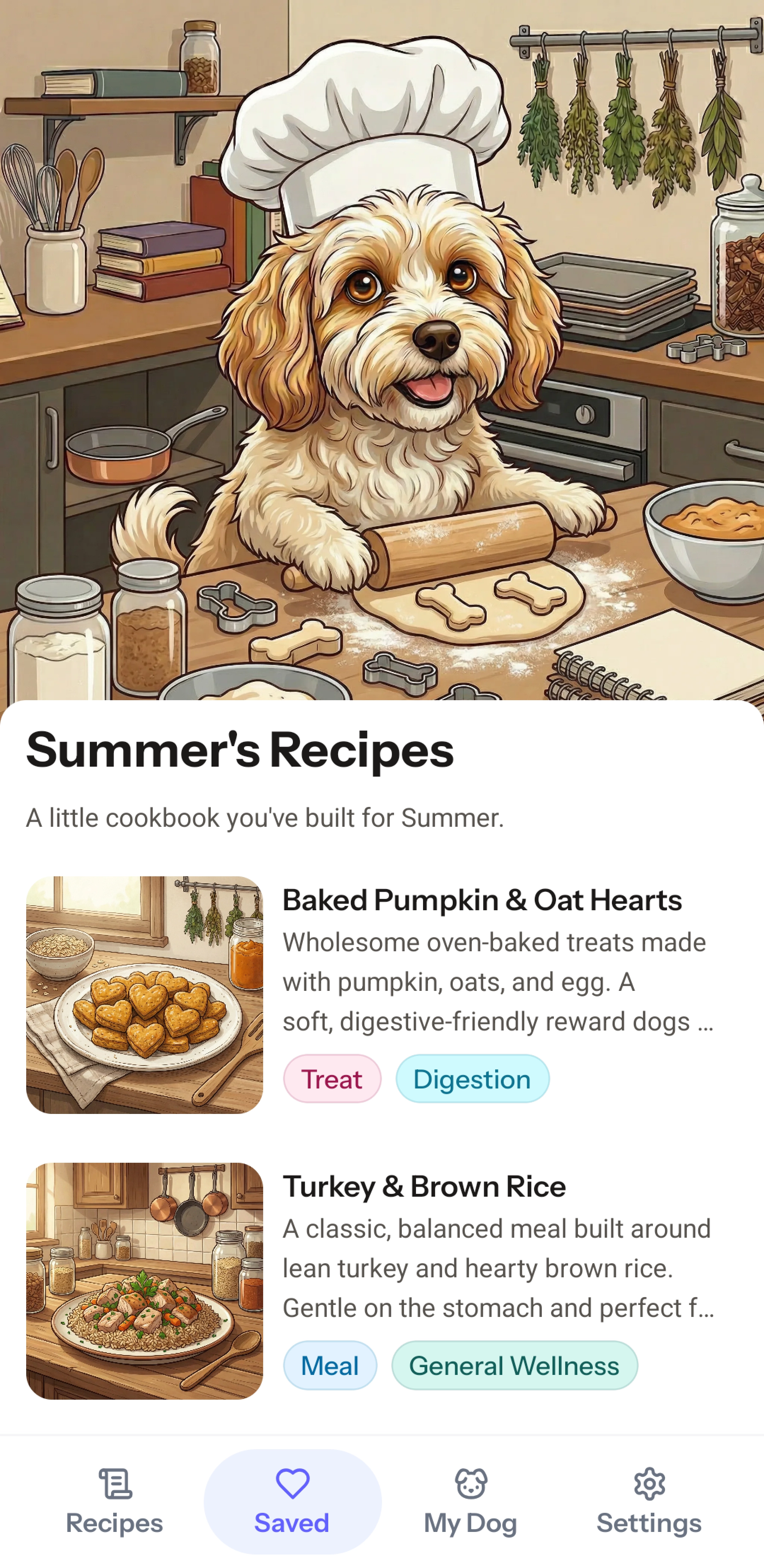 K9 Cookbook recipe browser showing personalized recipes for Eddie
